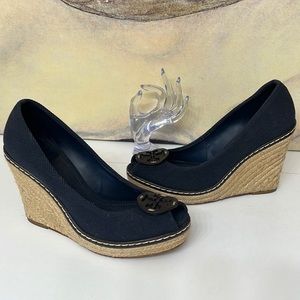 Tory Burch Navy Blue Wedge Canvas Heels Shoes Espadrille Logo Jute